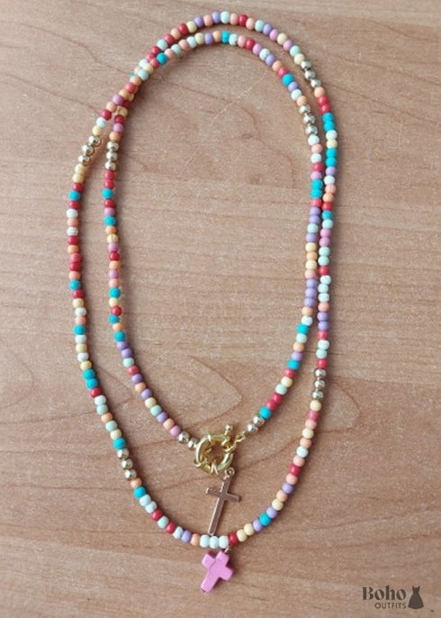 Boho Necklace, Seed Bead Layered Choker, Double Cross